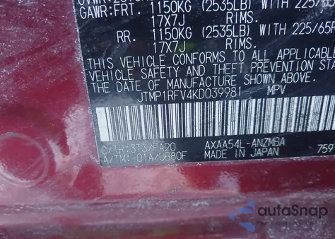 2019 Toyota Rav4 Xle z USA, uszkodzony, nr VIN JTMP1RFV4KD039981